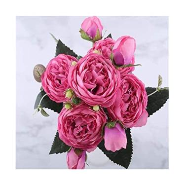 Imagem de Buquê de peônia de seda rosa de 30 cm: mesa requintada com 5 flores grandes e 4 botões, perfeito para decoração de banheiro e melhorias elegantes da casa