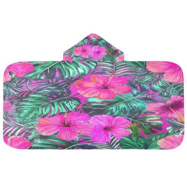 Imagem de CEBUGI Toalha de banho com capuz com folhas de flores tropicais para crianças toalha de banho macia absorvente com capuz 127 x 59,7 cm toalha de banho de praia para meninos e meninas