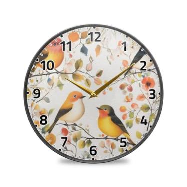 Imagem de WELLDAY Relógio de parede sem tique-taque 30,5 cm - Aquarela floral pássaros operado por bateria relógio redondo silencioso de quartzo para casa/escritório/cozinha/sala de aula