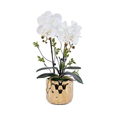 Imagem de LMJYU Conjunto de flores artificiais, orquídea borboleta artificial e vaso de cerâmica dourado, usado para decoração de varanda de família