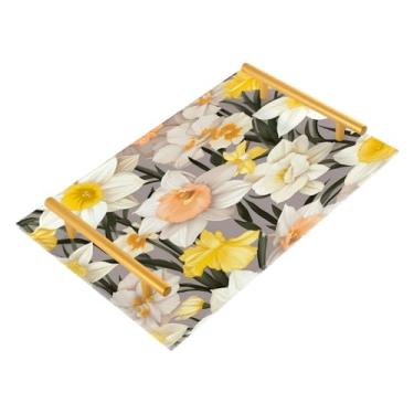 Imagem de Wassud Bandeja de banheiro de flores amarelas com alças, organizador de perfume de joias de acrílico para banheiro, quarto, cozinha, balcão de 30 x 20 cm