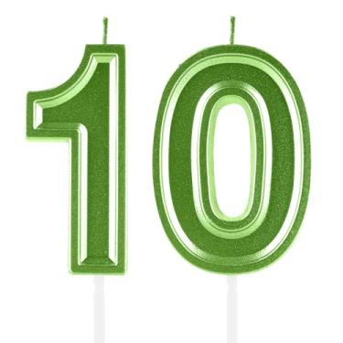 Imagem de Velas de aniversário de 10 anos, numerais verdes, 10 topper de bolo, decoração para meninas e meninos, tema de aniversário, festa de casamento, artigos de celebração