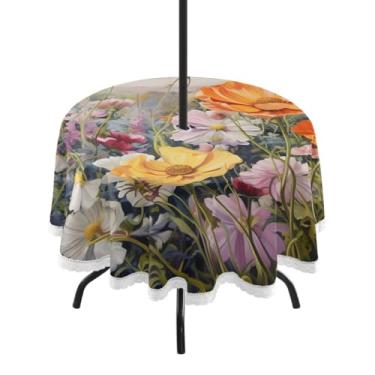 Imagem de CEBUGI Toalha de mesa redonda para uso ao ar livre, flores silvestres, impermeável, com furo Umberlla, capa de mesa lavável para pátio, cozinha, sala de jantar, 152 cm