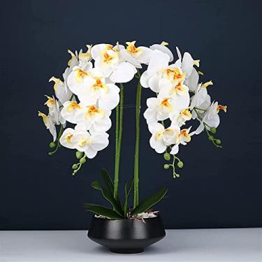 Imagem de LMJYU Flor artificial com vaso orquídea Phalaenopsis orquídea artificial flor falsa de seda branca com vaso de flores preto para casa mesa escritório flor