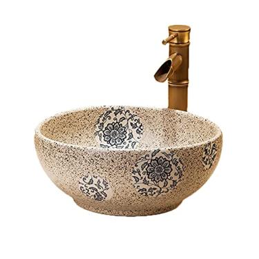 Imagem de Pias de banheiro Lavatório de banheiro arte redonda pia de cerâmica varanda balcão pia lavatório conjunto de correspondência doméstico ralo 35 x 15 cm pia de vaso