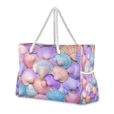 Imagem de Wassud Bolsa de praia colorida concha grande para mulheres, impermeável, à prova de areia, bolsa de viagem com zíper e bolso para piscina, academia, acampamento