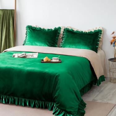 Imagem de GLORY SEASON Conjunto de capa de edredom de veludo retrô com babados acabamento luxuoso verde esmeralda verde esmeralda vintage conjuntos de cama de capa de edredom vintage, fronhas combinando para