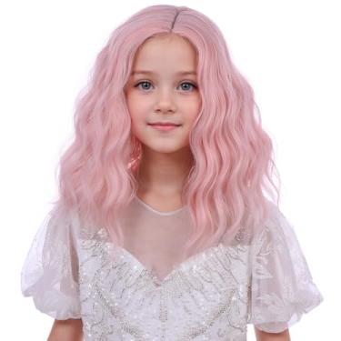 Imagem de WAVELNM Peruca infantil rosa pastel curta rosa claro bob peruca colorida solta encaracolado ondulado peruca infantil parte lateral perucas sintéticas para uso diário de festa de Halloween