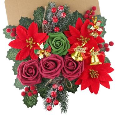Imagem de yuagolle Flores de poinsétia de Natal vegetação artificial: flores de seda, rosas falsas, conjunto de hastes de baga vermelha para enfeites de árvore de Natal faça você mesmo, guirlanda de Natal