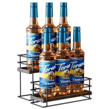 Imagem de Nuovoware Organizador de xarope de café, organizador de bar com 6 garrafas de 2 camadas, rack de metal separável com base de madeira, molho de vinho para bancada, cozinha, café, bar, preto