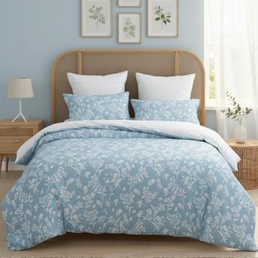 Imagem de Jolusere Jogo de cama Queen floral, azul celeste, botânico, reversível, listrado, 1 edredom floral elegante com 2 fronhas, microfibra supermacia