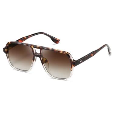 Imagem de Óculos de sol aviador grandes para mulheres e homens – Óculos de sol quadrados retrô anos 70, Carapaça de tartaruga/mudança gradual de cinza