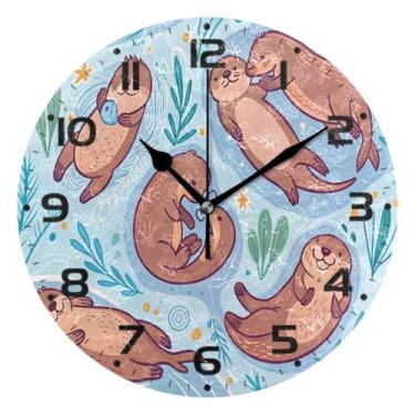 Imagem de JUZIHAI Relógio de parede bonito lontras marrons silencioso, sem tique-taque, relógios de parede redondos operados por bateria, fácil de ler, relógio decorativo de parede para casa, cozinha, sala de