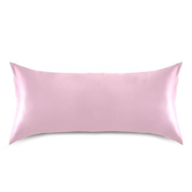 Imagem de JUZIHAI Fronha de cetim rosa de cor sólida para cabelo e pele, capa de almofada respirável macia com fecho de envelope, capa de travesseiro suave e refrescante, tamanho king size 50 x 101 cm