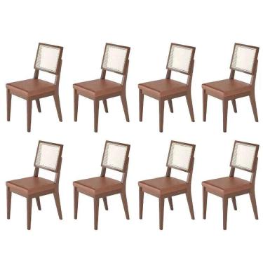Imagem de Kit de 8 Cadeiras de Madeira Maciça Estofada com Palhinha Saga - Natural c/ PU Caramelo