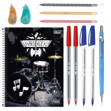 Imagem de Kit Escolar com 10 Itens Conjunto Caderno Canetas Lapiseira Colorido Masculino Prático Corretivo