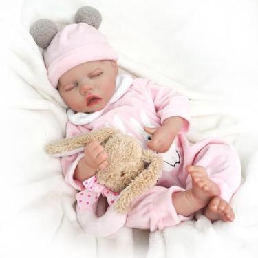 Imagem de Boneca Bebê Reborn Silicone Menina Rosa Realista Pintado Criança Presente com Coelho Acessórios Pode dar Banho 48cm
