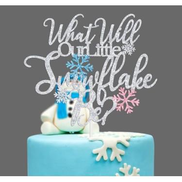 Imagem de What Will Our Little Snowflake Be Cake Topper, Winter Gender Reveal Cake Decor, He or She, Winter Frozen Christmas Snowflake Theme Baby Shower Gender Reveal Party Decorations Supplies