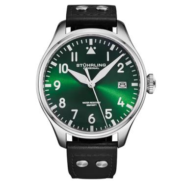 Imagem de Stuhrling Original Relógio piloto masculino Airman 4078 – caixa de aço de 43 mm, mostrador sunray, ponteiros luminosos, janela de data, quartzo, cristal mineral, pulseira de couro, resistente à água