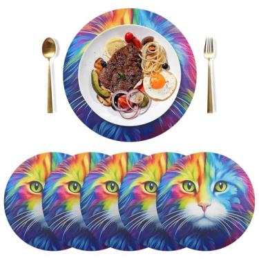 Imagem de Jogo americano redondo de gato arco-íris conjunto de 6 jogo americano redondo de PVC 38 cm tapete de prato de mesa de jantar resistente ao calor para festa de Natal