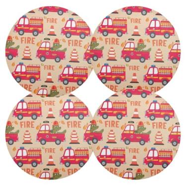 Imagem de Conjunto de 4 tapetes de mesa de cozinha de PVC duráveis de crocodilo de bombeiros de 38 cm, jogo americano antiderrapante para mesa redonda