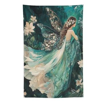 Imagem de Tapeçaria de jardim de fadas azul vintage para pendurar na parede esmeralda floresta etérea mulher borboleta asas arte para quarto sala de estar dormitório apartamento Boho Fairycore decoração