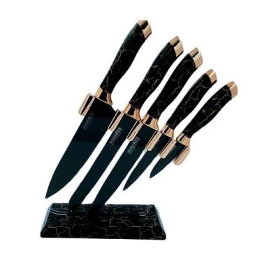 Imagem de Conjunto de Facas Preto Estilo Mármore com Suporte - 6 peças - Prime H