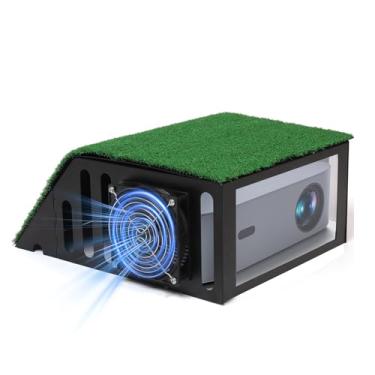 Imagem de Gabinete de projetor de simulador de golfe - montado no chão com ventilador de resfriamento, estrutura de aço durável, painel de visualização transparente e topo de grama para proteção de Sim de golfe