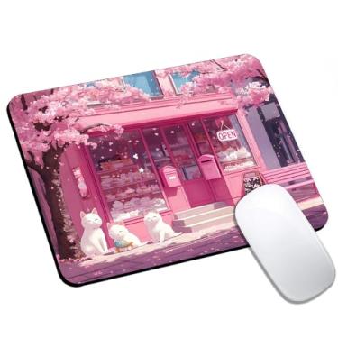 Imagem de Mouse pad japonês de anime rosa fofo pequeno, mouse pad de computador para mesa, base de borracha antiderrapante para laptop, design quadrado de 24 cm x 20 cm para acessórios de mesa de casa e