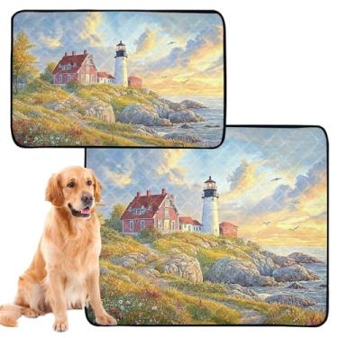 Imagem de TSENQUE Lighthouse Almofada de xixi reutilizável para animais de estimação costeira para cães, tapete de gaiola de cachorro fofo, impermeável, absorvente, médio + grande, conjunto de 2