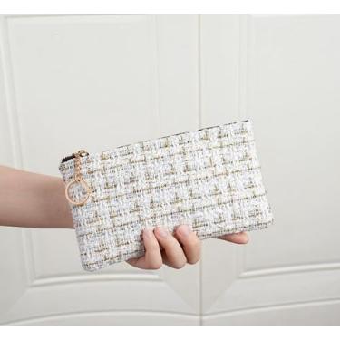 Imagem de Carteira feminina de couro genuíno com dobra dupla/tripla - Suporte minimalista para cartão de crédito com bloqueio de RFID e bolso para moedas, Bege, Casual