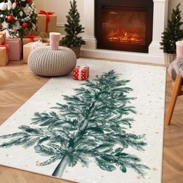 Imagem de Lahome Tapete de Natal lavável bege 3x5, tapete macio para quarto, tapetes antiderrapantes para sala de estar, estampa de árvore de Natal, floco de neve, decoração de férias, tapetes não trafinos para