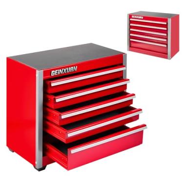 Imagem de Geinxurn Mini caixa de ferramentas, vermelho, portátil, 5 gavetas, microrolos, cabine, caixas de ferramentas empilháveis de aço com trava magnética e forro para armazenamento de ferramentas e