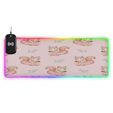Imagem de CEBUGI Mouse pad de carregamento sem fio Cute Squirrel 15W Fast Gaming Mouse Pad com 14 iluminação LED RGB para jogos, PC, laptop, mesa 80 x 30 cm