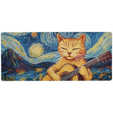 Imagem de Cat Guitar Sky Blue Desk Pad Gaming para jogos e escritório, mouse pad grande para jogos para mesa, 80 x 30 cm, superfície lisa e antiderrapante