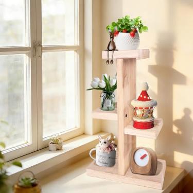 Imagem de oyhqes Suporte de mesa de madeira, pequena prateleira de flores de mesa interna para suculentas, ervas e plantas pequenas, rack de exibição compacto para sala de estar, escritório, peitoril da janela