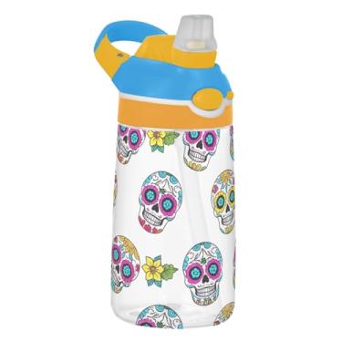 Imagem de Garrafa de água branca colorida com caveiras de açúcar para crianças, 473 ml, reutilizável, esportiva, com tampa de palha, 473 ml, copo infantil portátil Tritan à prova de vazamento, alça de