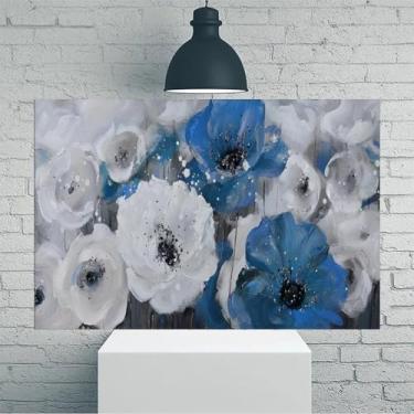 Imagem de Arte de parede em tela rústica vintage azul e branco abstrato - Pôster sem moldura de 30 x 45 cm - Ideia de presente para decoração de casa e escritório para sala de estar, quarto, cozinha e café