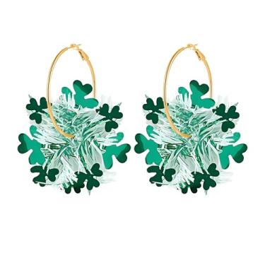 Imagem de Dreuyet Brincos femininos de guirlanda de Dia de São Patrício com glitter dourado verde chapéu de trevo de tinsel brinco de guirlanda de trevo da sorte irlandês aros de fogos de artifício para joias