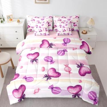 Imagem de Erosebridal Conjunto de cama com 7 peças, conjunto de edredom com laço e laço listrado para sobremesa sonhadora em uma bolsa, roxo, para crianças, meninas e mulheres