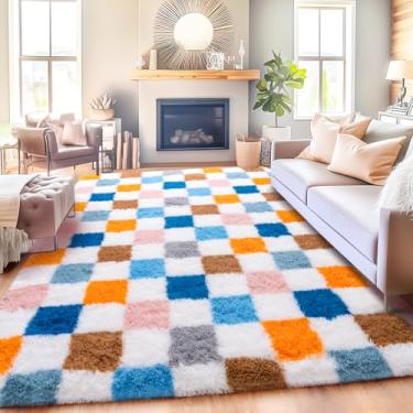 Imagem de Quntue Tapete quadriculado para sala de estar, 20 x 25 cm, ultramacio, felpudo, grande, tapete antiderrapante para quarto, decoração de casa, colorido