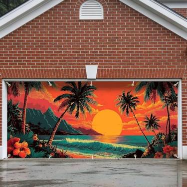 Imagem de Decoração de faixa de porta de garagem, grande decoração de capa de páscoa interna externa para casa, pano de fundo de festa de férias à prova d'água para varanda, quintal, parede (palmeira tropical