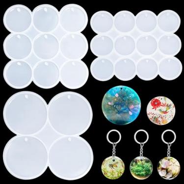 Imagem de Fuehbur Conjunto de moldes circulares de resina com 25 cavidades, 3 peças, chaveiro redondo, conjunto de moldes de fundição epóxi de silicone, brincos perfurados de vários tamanhos, moldes de