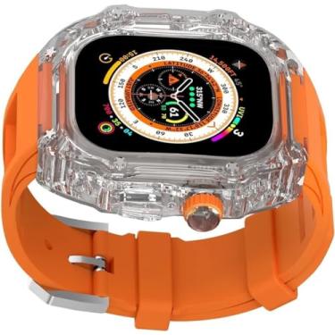 Imagem de KAVJU Pulseira de borracha feminina de luxo Crtstal, para Apple Watch Ultra 8/7/6/5/4/SE 49 mm, 45 mm e 44 mm, moldura rígida de policarbonato estilo RM, acessórios esportivos (F, para 44 mm)