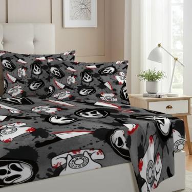 Imagem de Allenjoy Jogo de lençol Queen Size Fright Call filme de terror com bolsos profundos até 40,6 cm, decoração de quarto com 2 fronhas SC00412-009