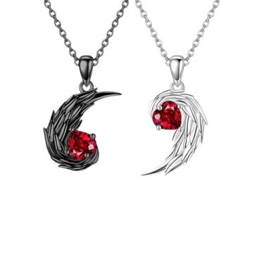 Imagem de IQPDYV Colar com pingente de coração de asa de anjo para casais, colares combinando preto e prata com cristal vermelho para presente de dia dos namorados, Large, Metal, Sem Pedra Preciosa