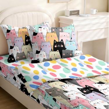 Imagem de Yadangxiawa Jogo de edredom infantil, solteiro com zíper, estampa de gatos, com manchas coloridas, lençol com elástico e fronhas para todas as estações