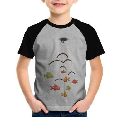 Imagem de Camiseta Raglan Infantil Peixinhos Móbile - Foca na Moda, Cinza, Preto
