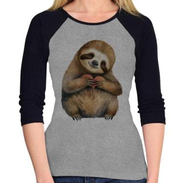 Imagem de Baby Look Raglan Bicho Preguiça Coração Manga 3/4 - Foca na Moda, Cinz