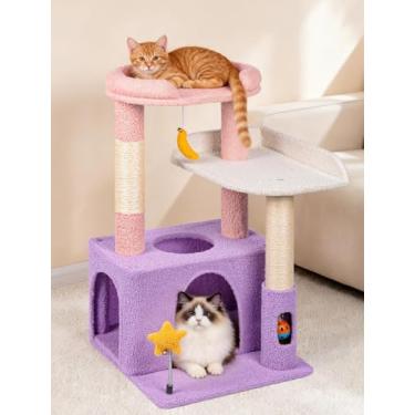 Imagem de Torre de gato fofa de 81 cm para gatos em ambientes internos com condomínio para gatos, plataforma de pelúcia, rede, postes de arranhar de sisal, bola pendurada, torre de árvore alta para gatos com